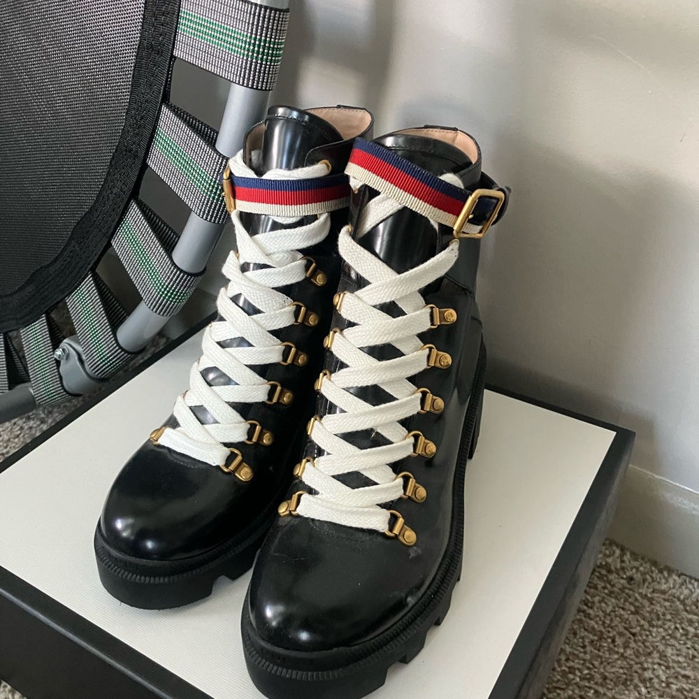 Gucci Black and Gold Combat Boots with Chunky Platform white laces